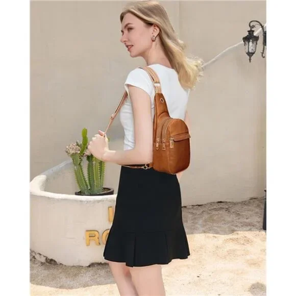 Sling Bags Small Vegan Leather Fashion Camel - Picture 3 of 7